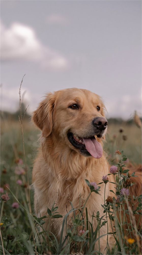 Golden retriever entre flores moradas en el potrero